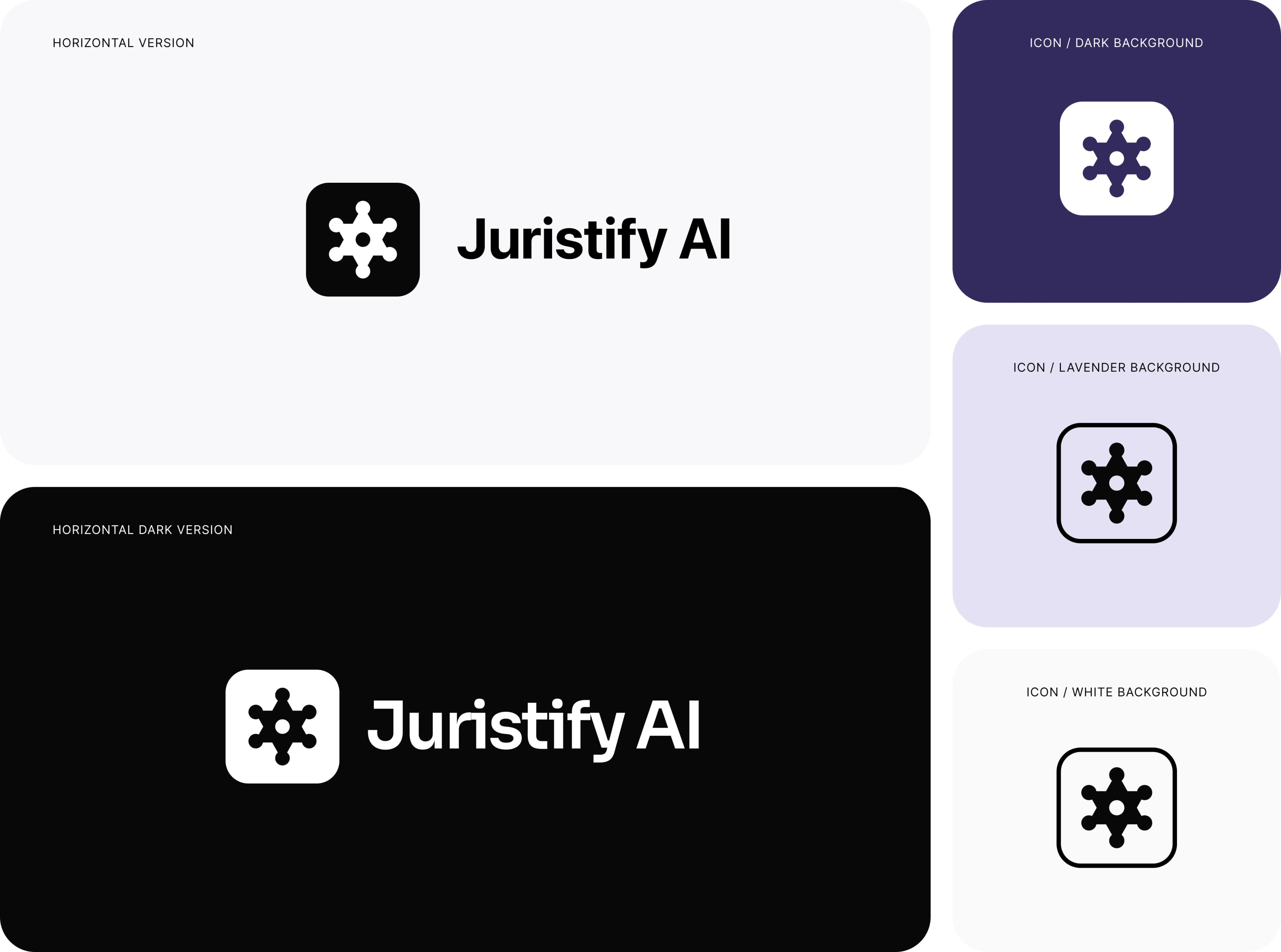 Juristify AI logo system on light and dark backgrounds