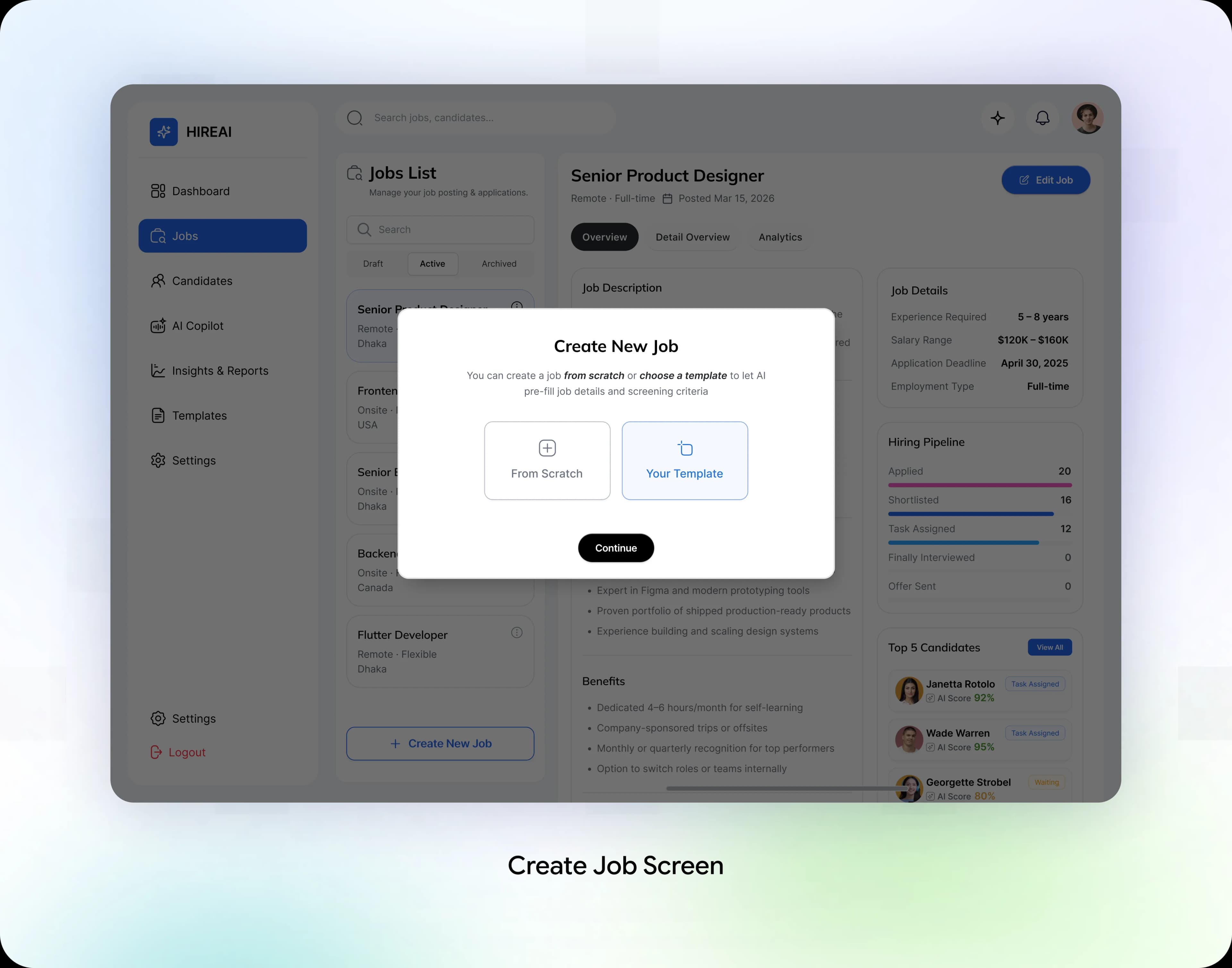 HIREAI create job and template screens