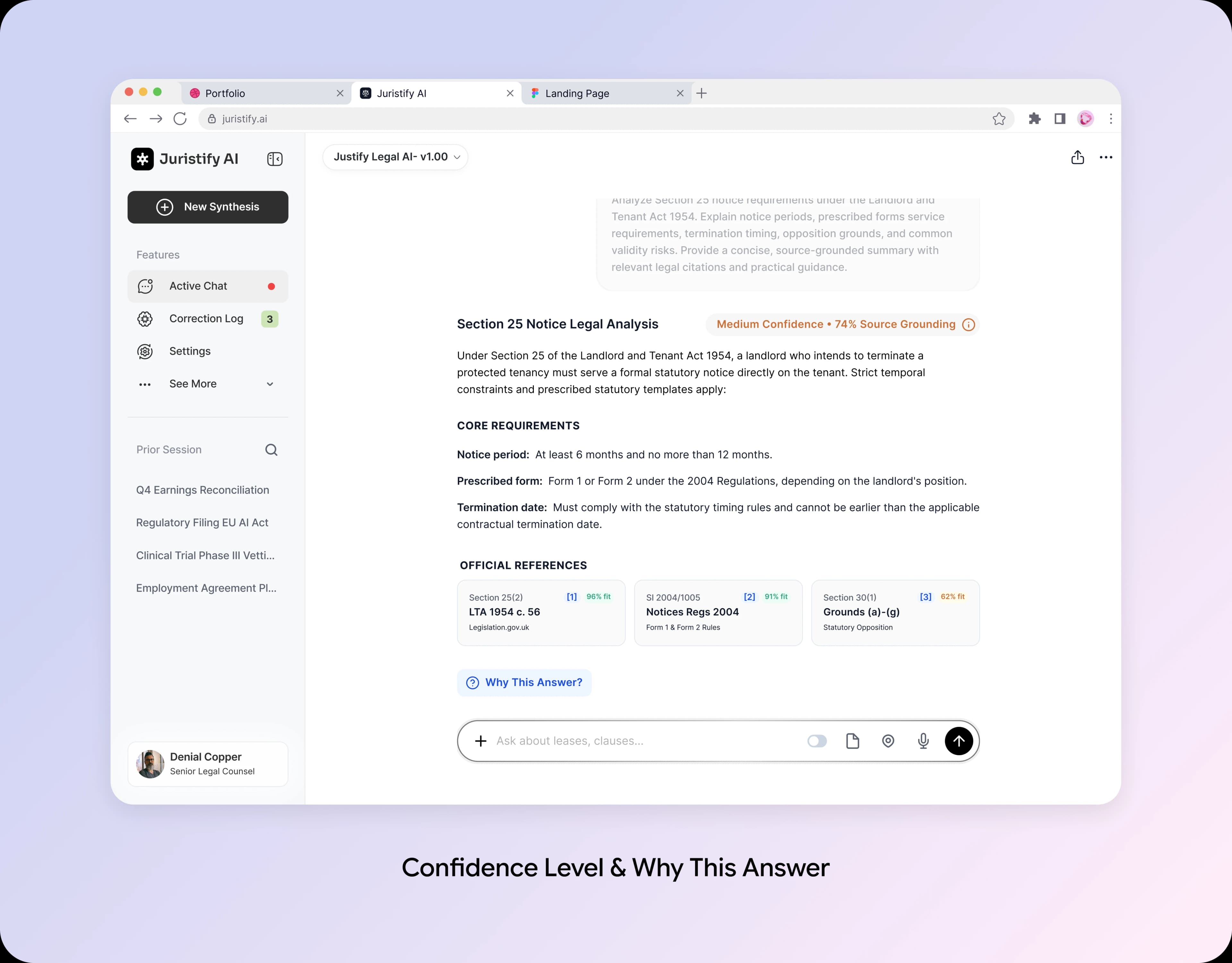 Juristify AI answer with confidence level and sources