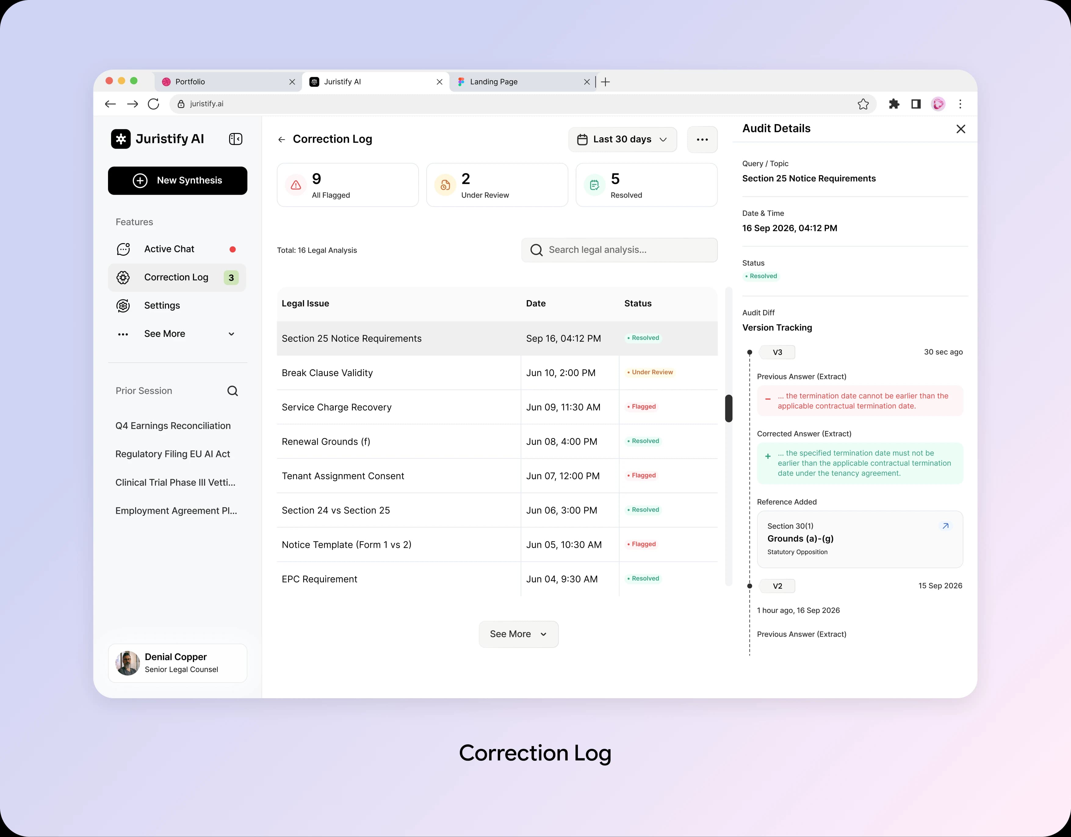 Juristify AI correction log and audit details