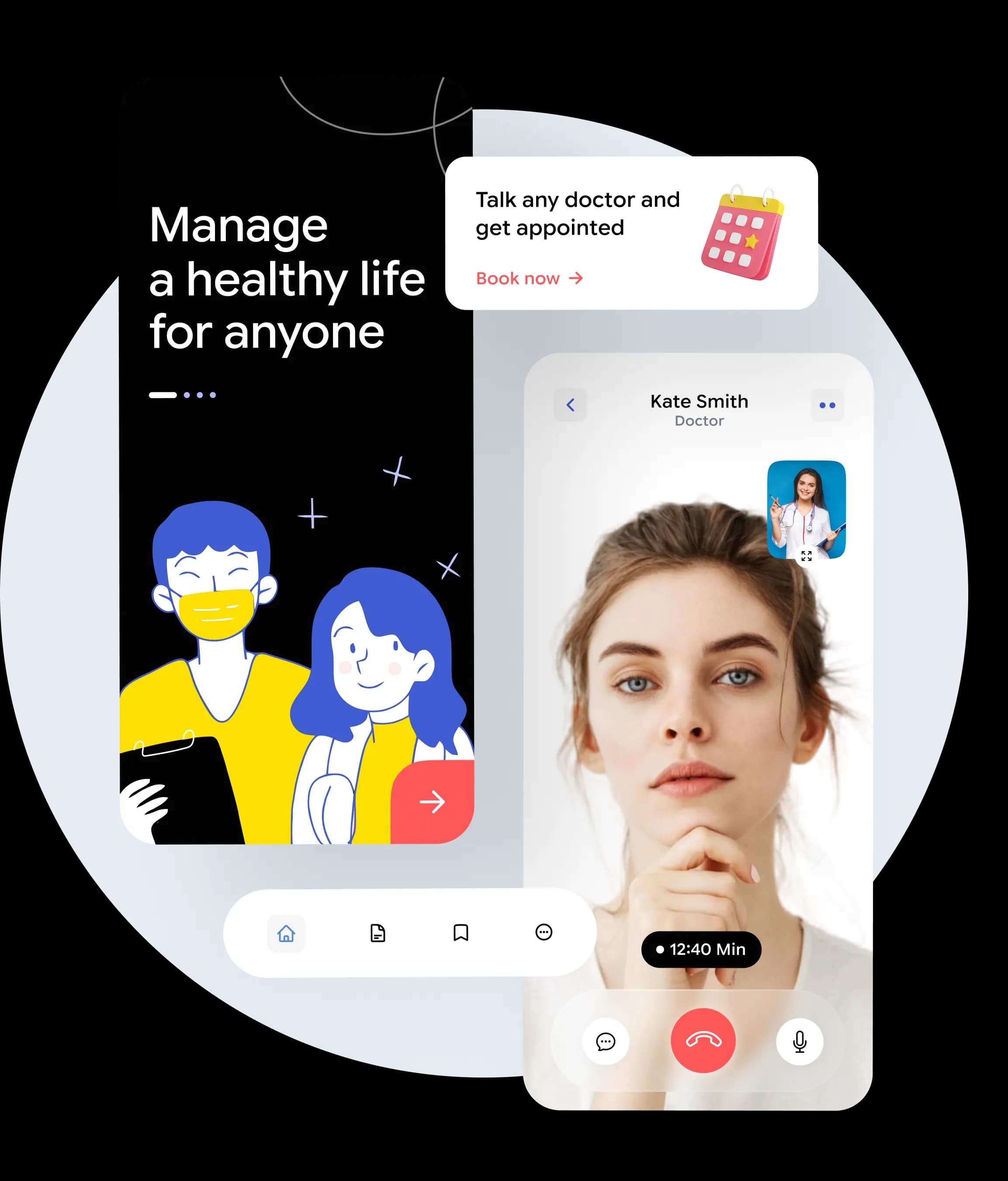 A healthcare product interface shown across mobile screens